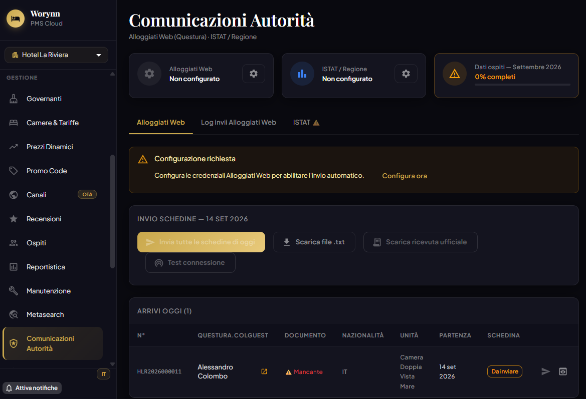 Comunicazioni Autorità — Alloggiati Web e ISTAT