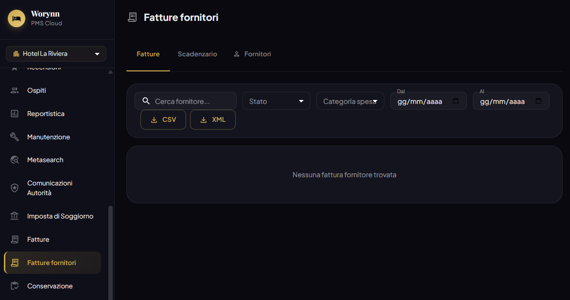 Fatture Fornitori — lista e filtri