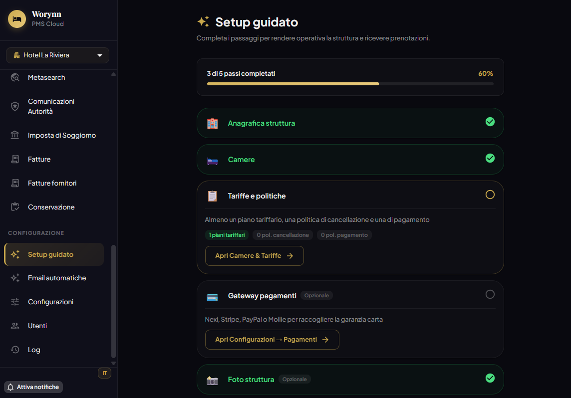 Setup guidato — avanzamento passi