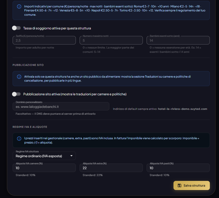 Configurazioni struttura — tassa di soggiorno, IVA e pubblicazione sito