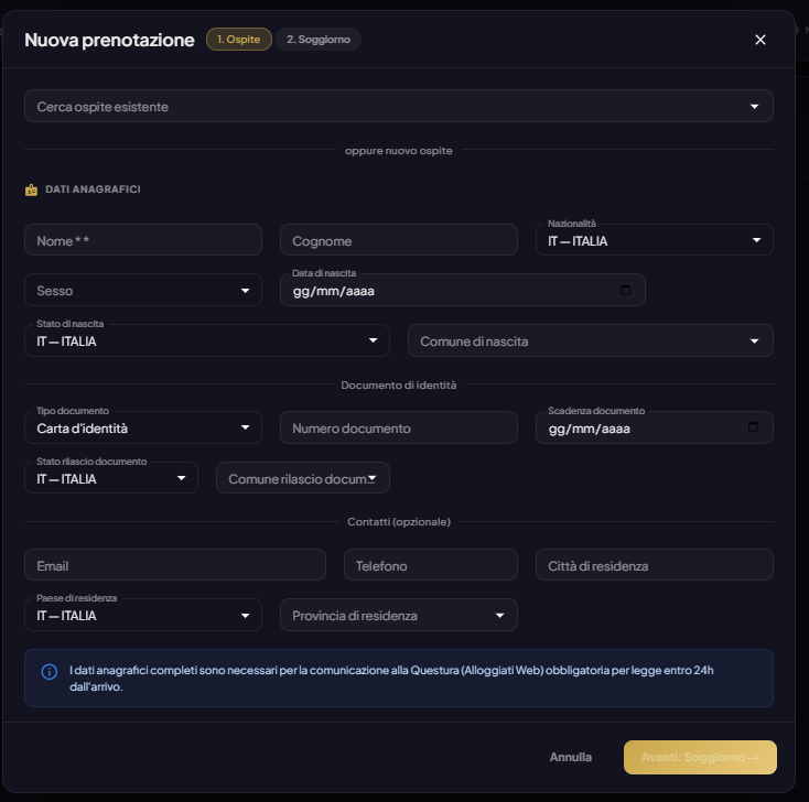 Form nuova prenotazione — dati ospite
