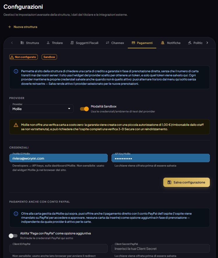 Configurazioni pagamenti — provider e credenziali